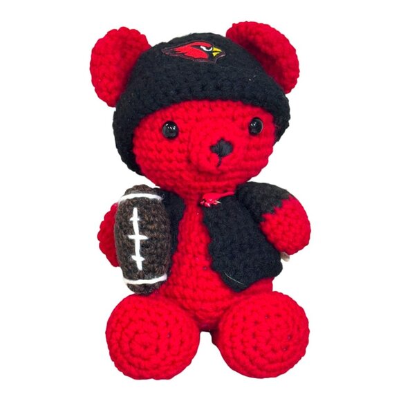 Handmade Crochet Red Black Teddy Bear Football Arizona Cardinal Logo Hat Gift 8" - Picture 1 of 6